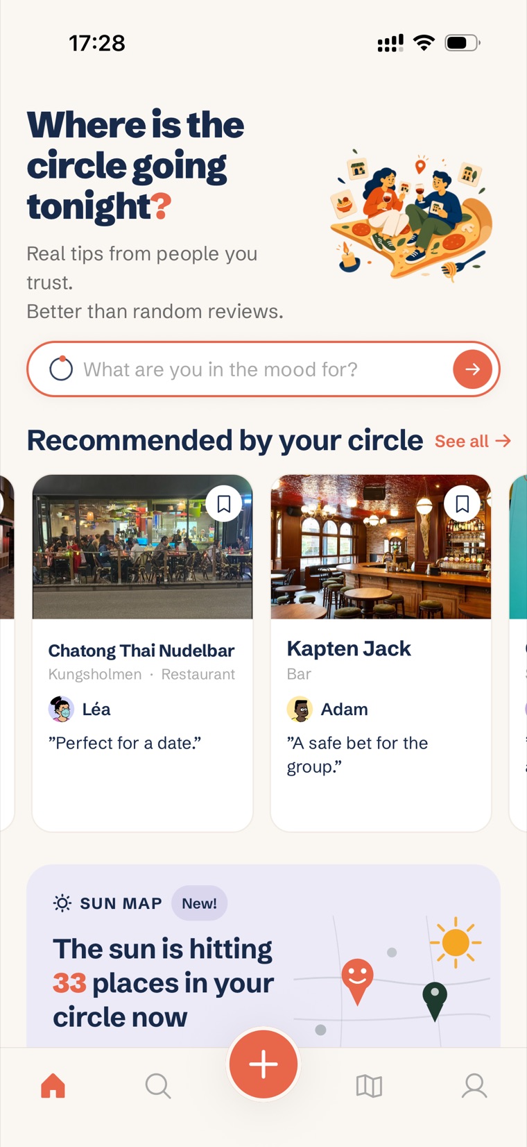 The Krets home screen showing restaurant and bar recommendations from your circle.